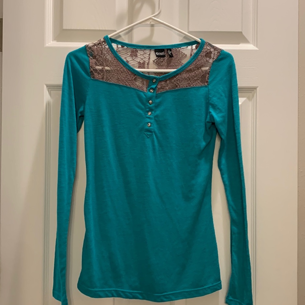 Cruel S teal long sleeved top with lace yoke